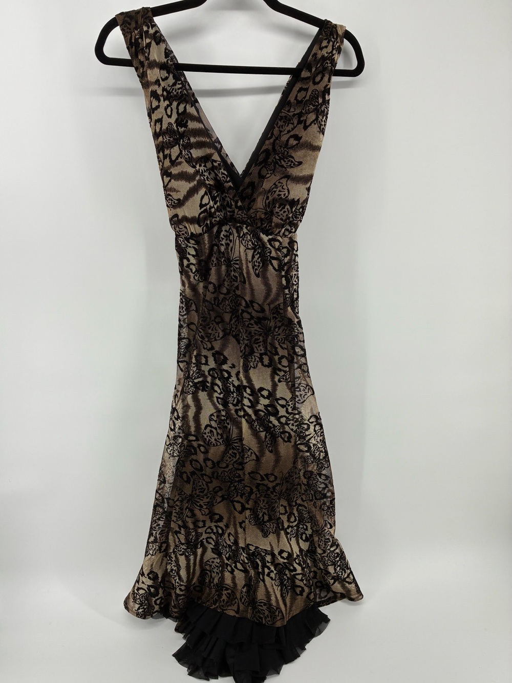 Frank Lyman Design Brown and Black High Low Dress Butterfly Cheetah Print